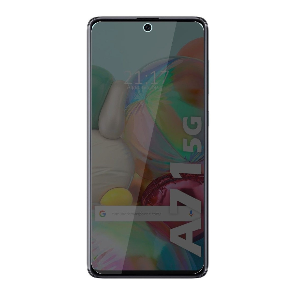 Schermo dello smartphone con ora, posizione e design astratto, sotto una protezione per lo schermo. Testo 'A71 5G'.