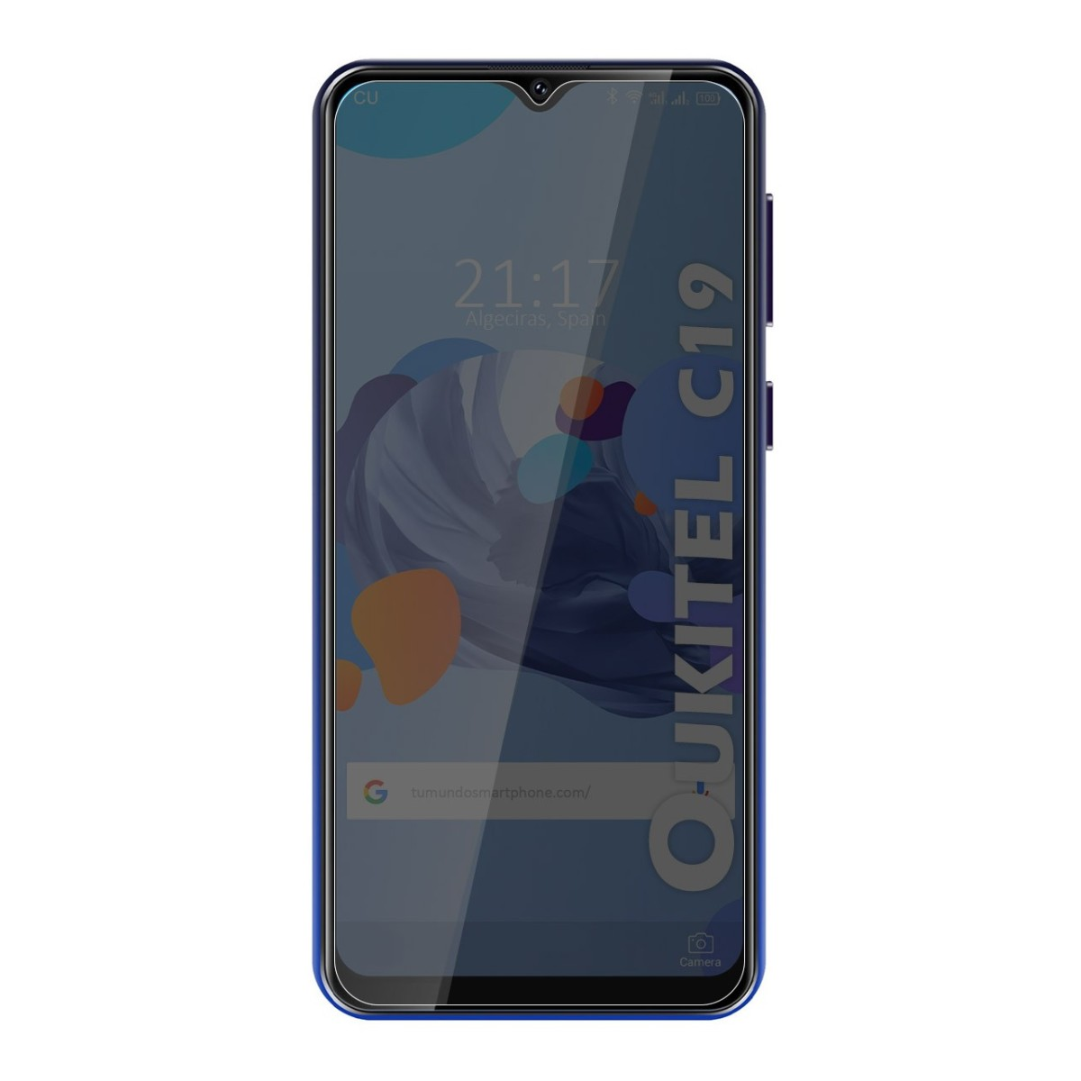 Teléfono Oukitel C19 con protector de pantalla; la pantalla muestra la hora y un diseño abstracto.