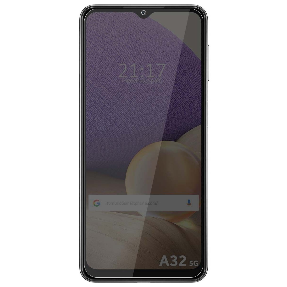 Schermo dello smartphone. Lo schermo mostra uno sfondo viola, l'ora e la barra di ricerca di Google.