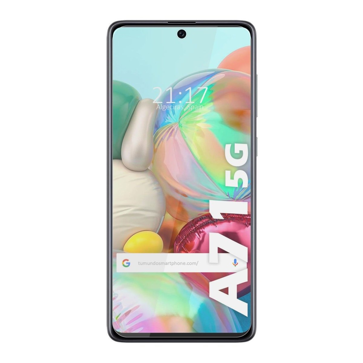 Samsung A71 5G con protezione schermo. Ora: 21:17 Algeciras, Spagna. Google.