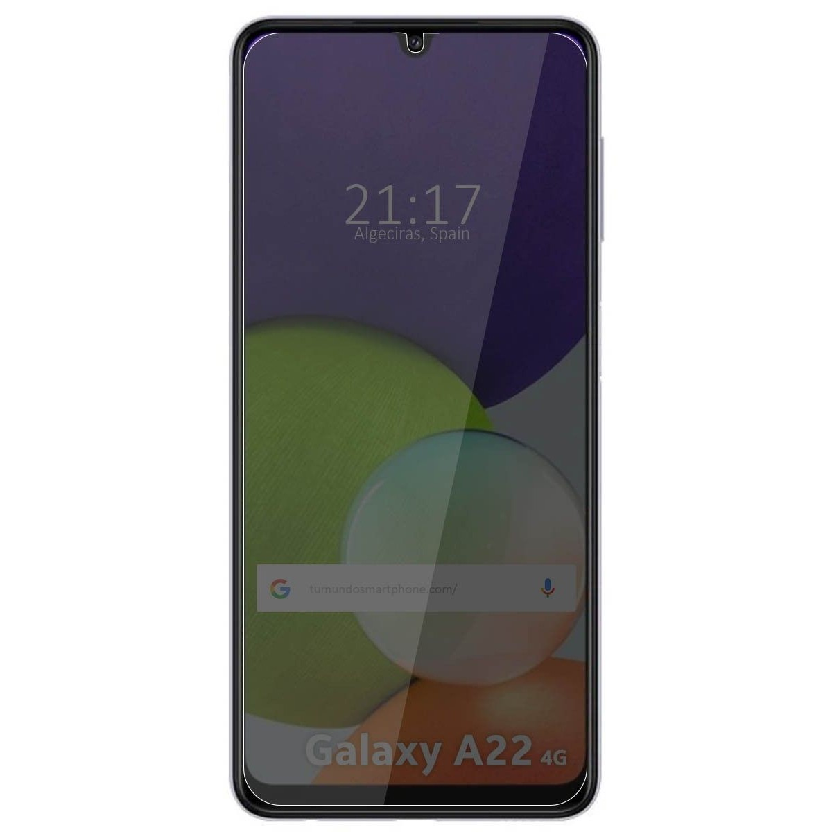 Uno schermo di smartphone Galaxy A22 4G mostra l'ora, Algeciras, Spagna, e una barra di ricerca.
