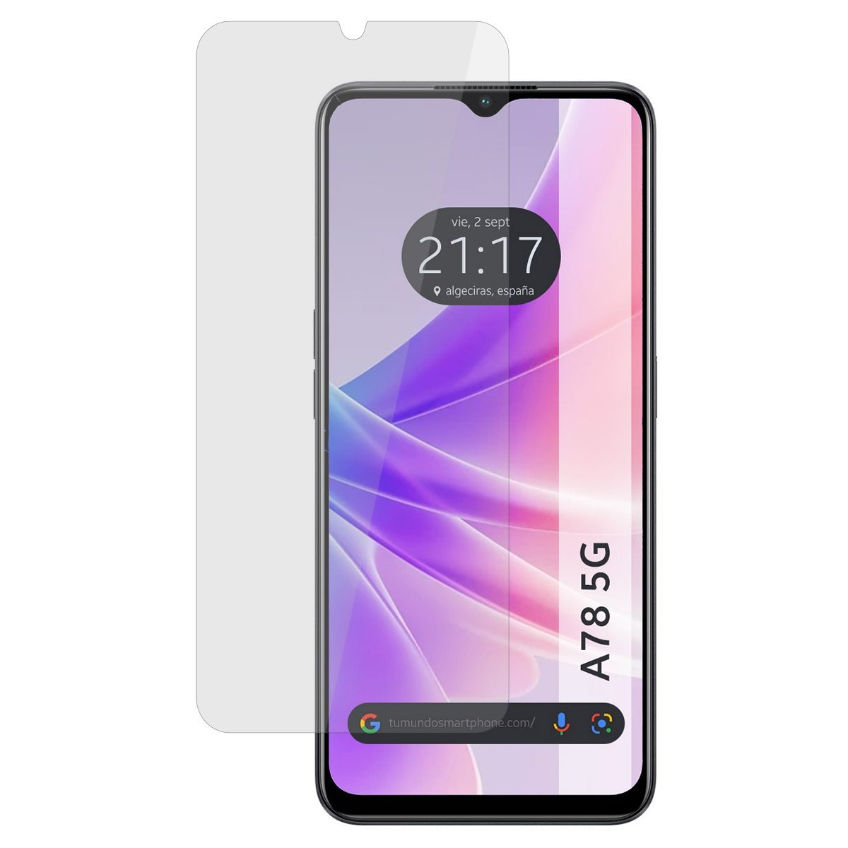 Schermo del telefono con ora, sito web e le parole A78 5G.