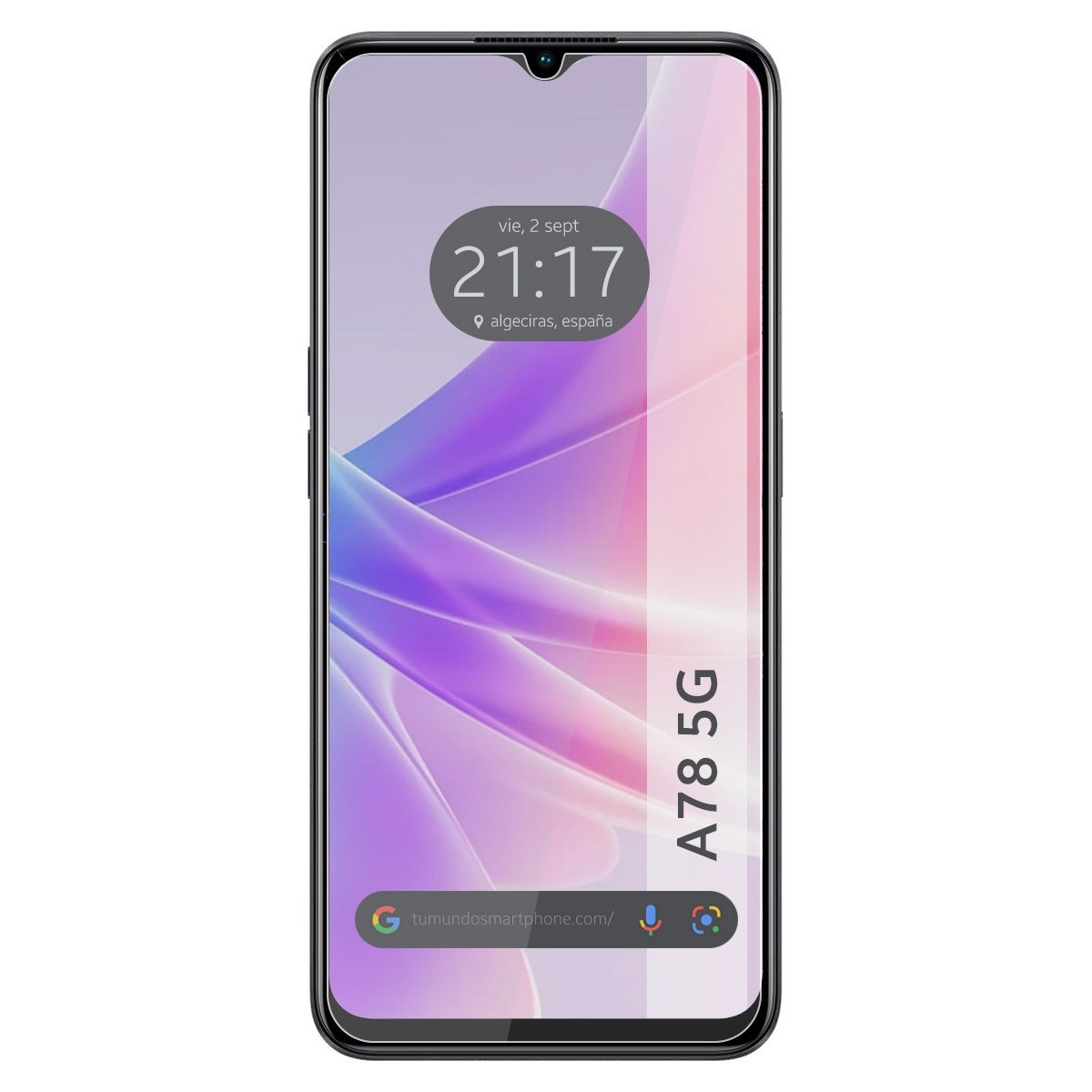 Schermo dello smartphone con 21:17. Ha una cornice nera e il testo 'A78 5G'. Con protezione.