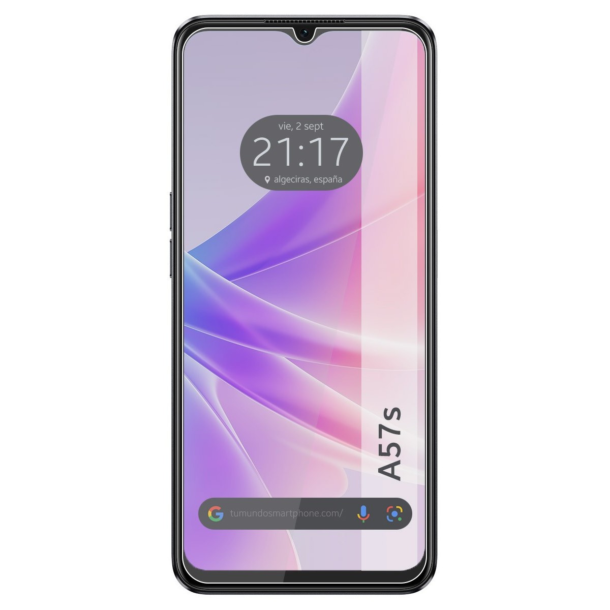 Schermo dello smartphone che mostra l'ora, Algeciras, Spagna, e la barra di ricerca Google. Modello A57s.