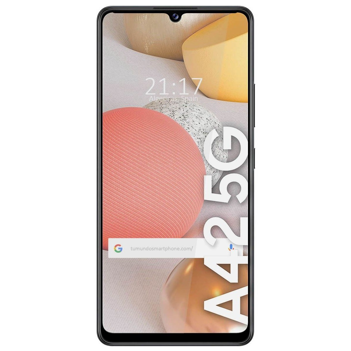 Smartphone che mostra l'ora 21:17, Algeciras, Spagna, con sfondo astratto ed etichetta A42 5G.