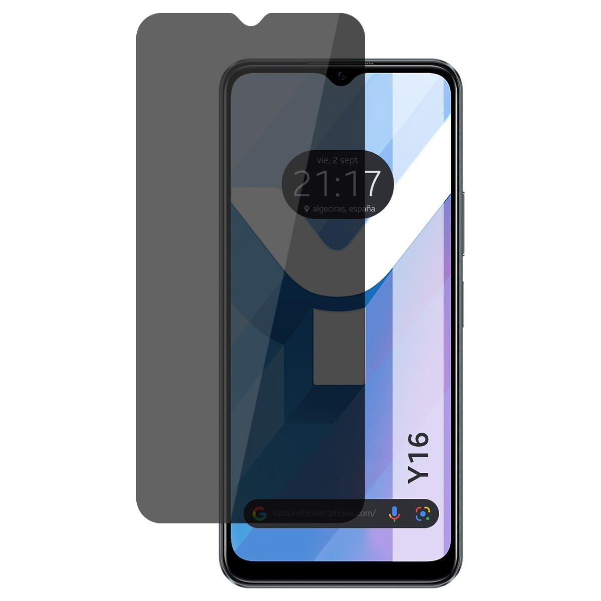 Lo schermo del telefono è scuro con una protezione schermo. Il telefono ha un notch per la fotocamera.