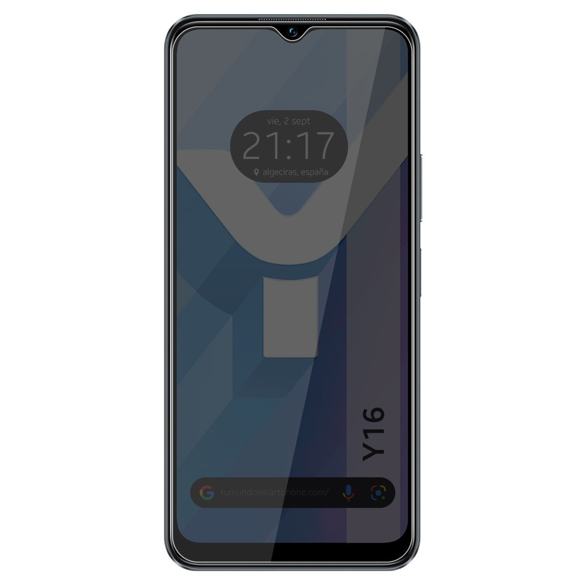 Smartphone nero con protezione schermo. Lo schermo mostra l'ora e un logo stilizzato.