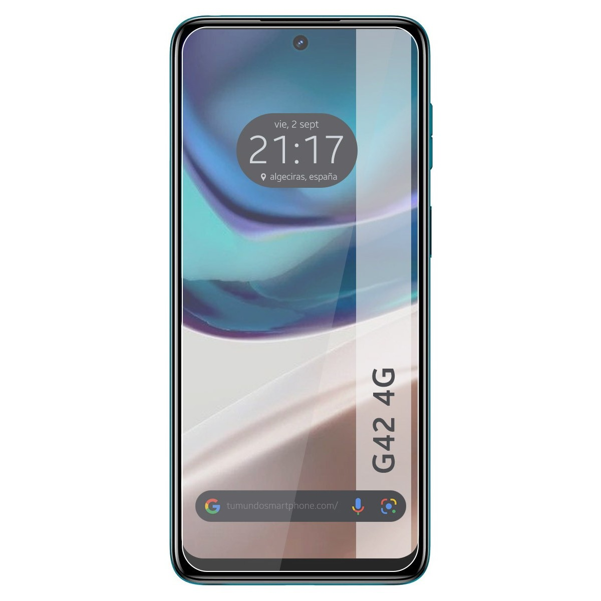 Pantalla de smartphone con hora, fecha y texto 'G42 4G'. La pantalla tiene una película protectora.
