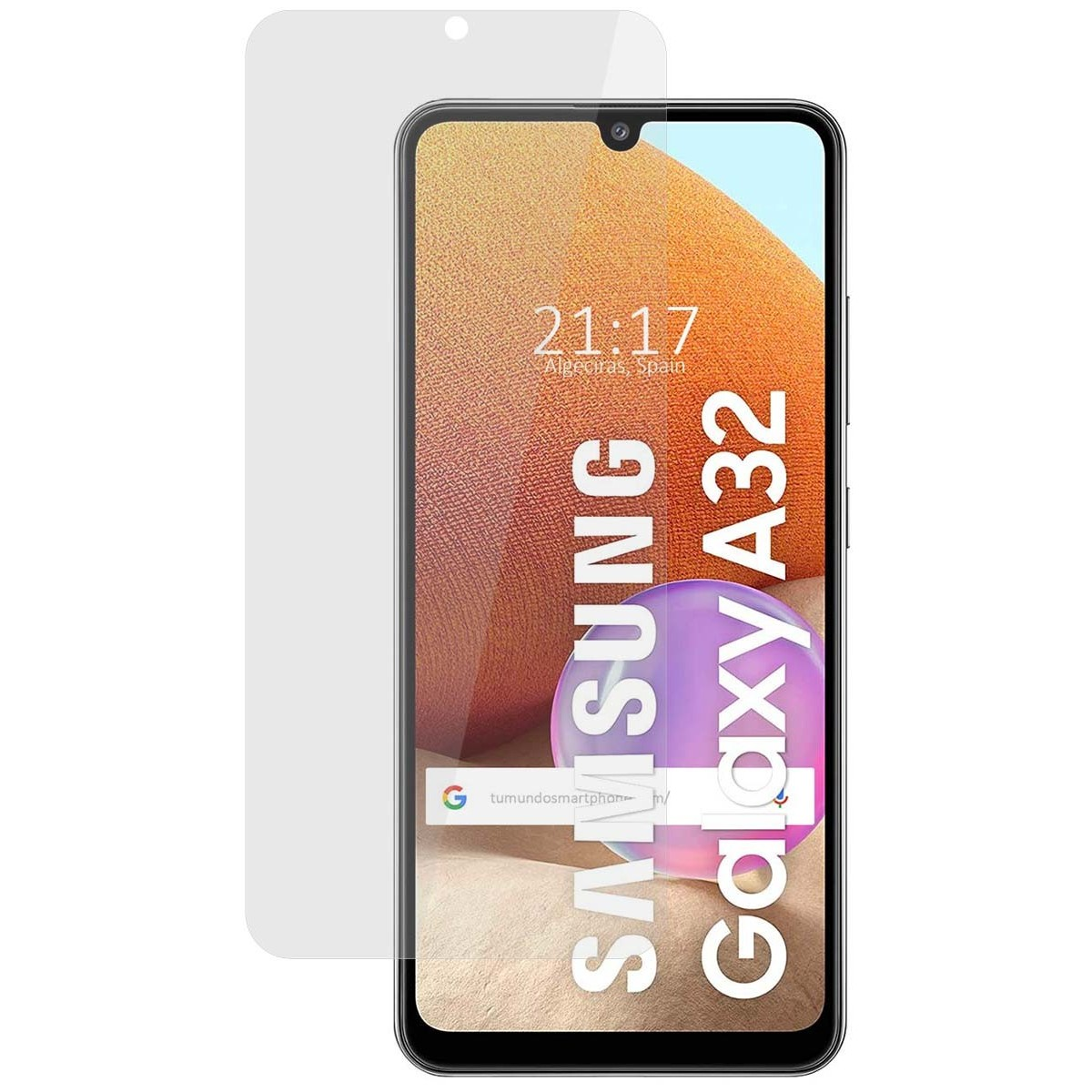Smartphone con protezione schermo, mostra ora, posizione e barra di ricerca Google. È un Galaxy A32.