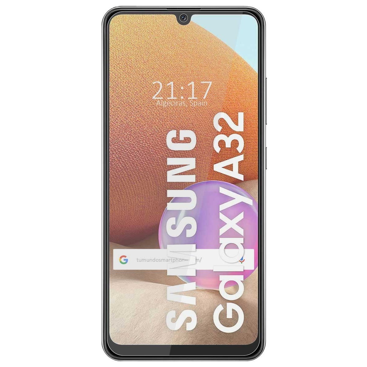 Uno schermo di smartphone che mostra uno sfondo con l'ora. Il telefono ha una protezione per lo schermo.