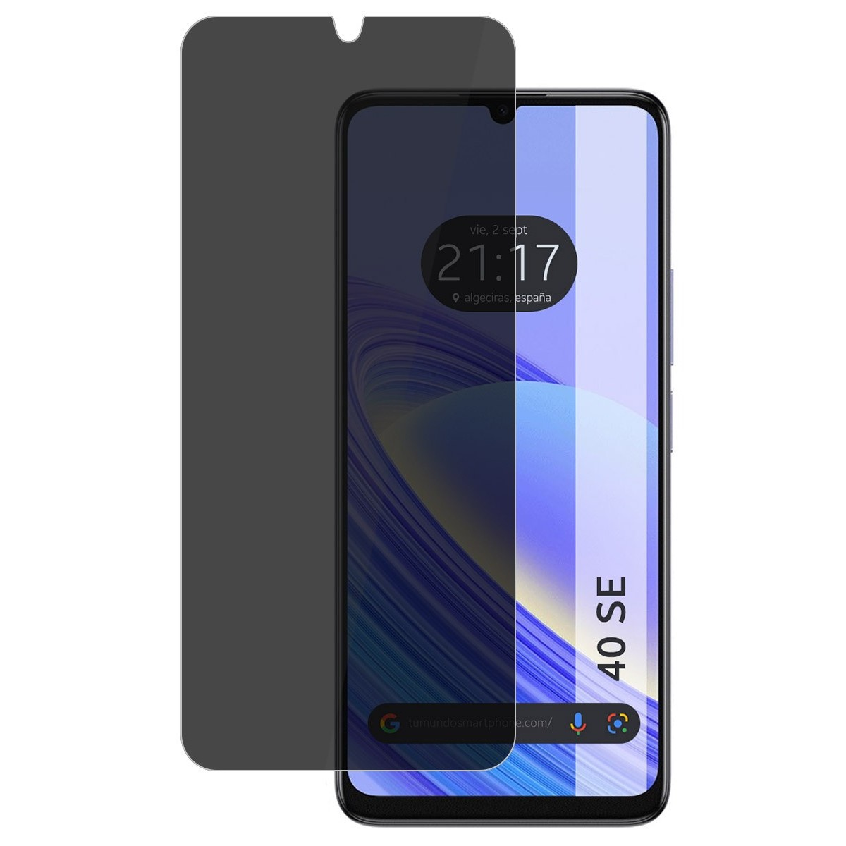 Telefono con protezione schermo. Lo schermo mostra l'ora e una barra di ricerca. Nome: 40 SE.