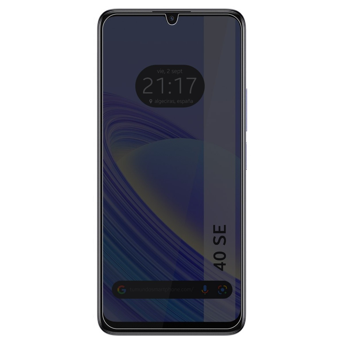 Schermo dello smartphone con 21:17, cornice nera e testo '40 SE'. La protezione schermo è applicata.