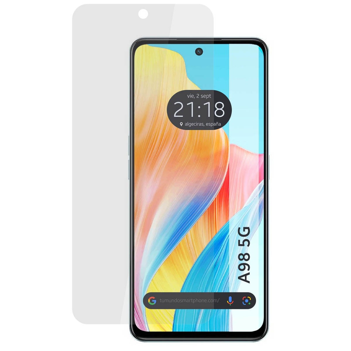 Telefono A98 5G con protezione schermo. Mostra ora e sfondo astratto colorato.