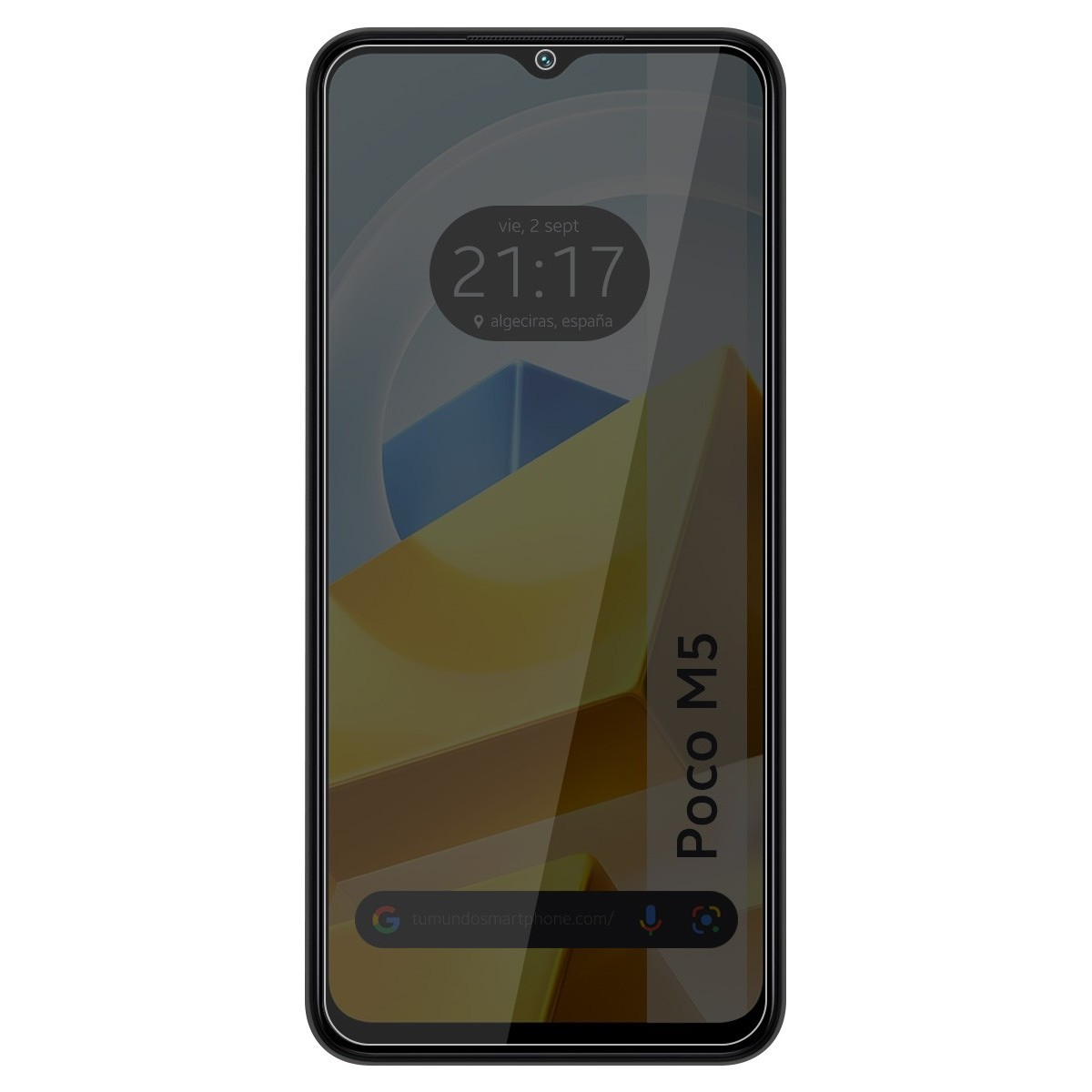 Un telefono con protezione schermo. Lo schermo mostra l'ora e l'etichetta Poco M5. Lo sfondo è giallo e beige.