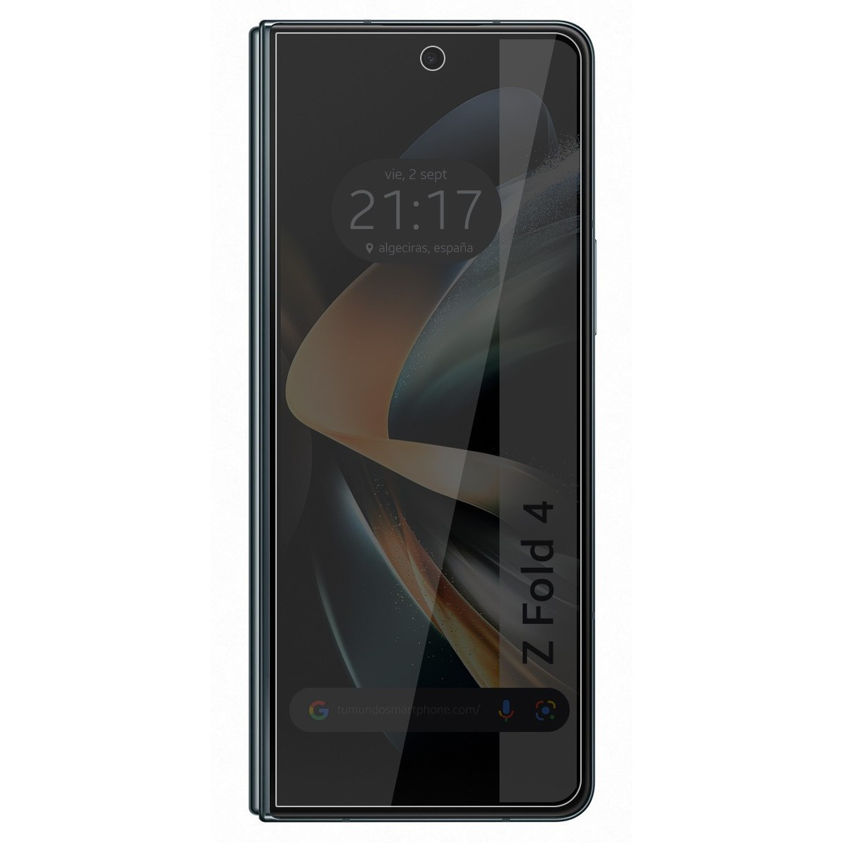 Telefono con protezione che mostra ora, Google e icone. Segnato come Z Fold 4.
