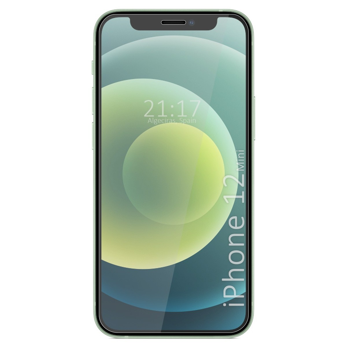 Schermo del telefono iPhone 12 Mini con ora e corpo del telefono verde. Lo sfondo è verde e blu.