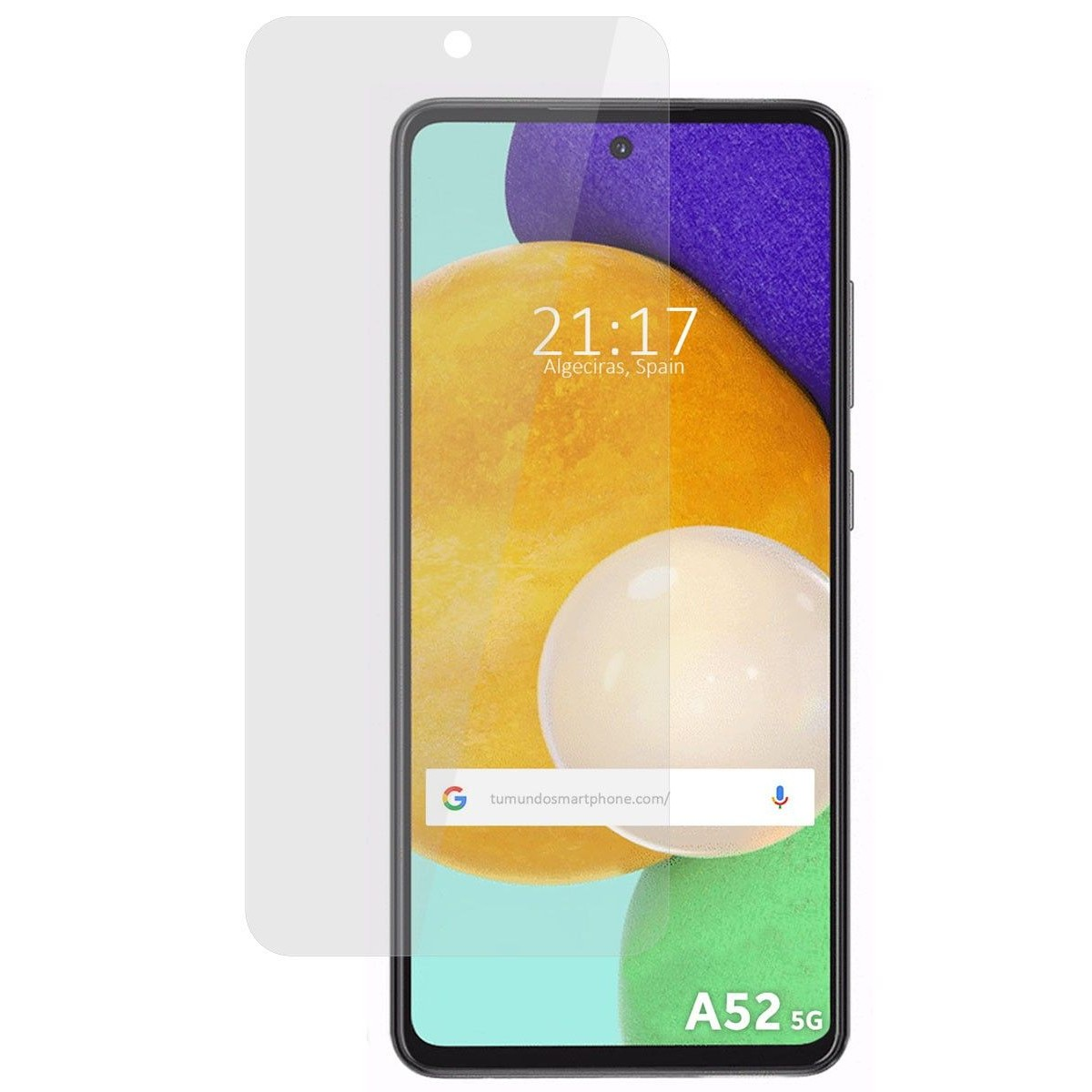 Telefono A52 5G con protezione schermo; lo schermo mostra l'ora e un design arancione-giallo.