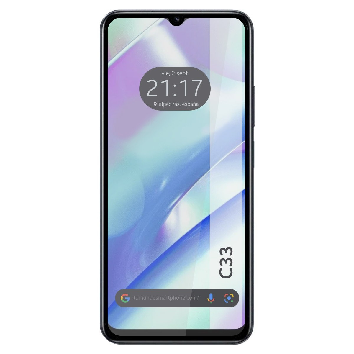 Pantalla de smartphone muestra hora y fecha, con el nombre 'C33' en la parte inferior.