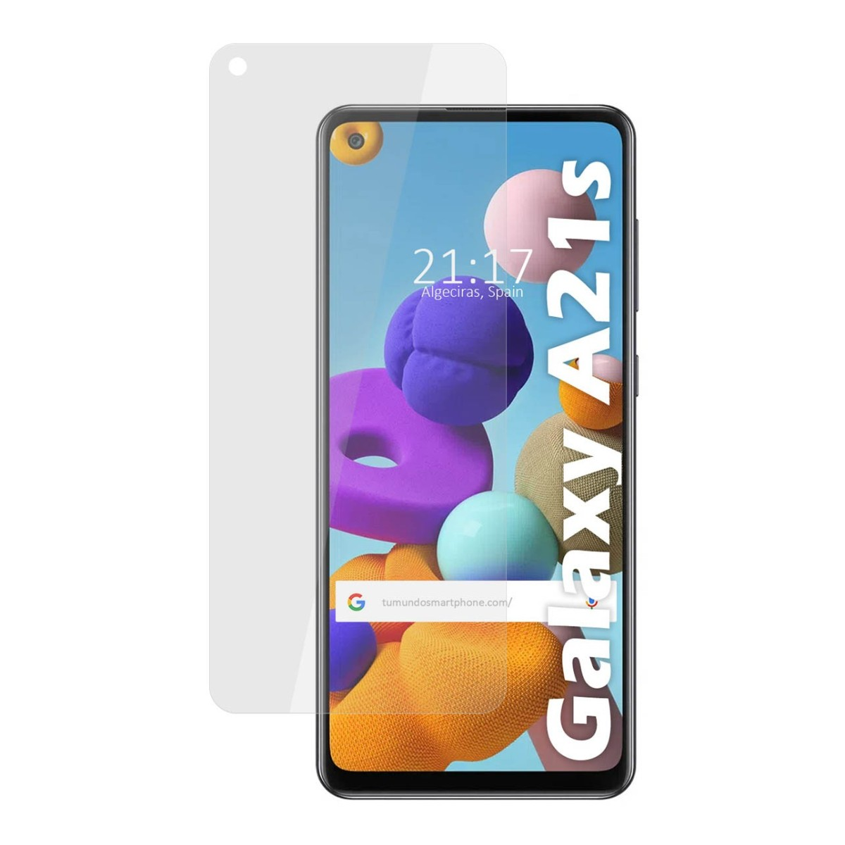 Schermo di smartphone con ora, data e testo 'Galaxy A21S'. Pellicola protettiva sullo schermo.