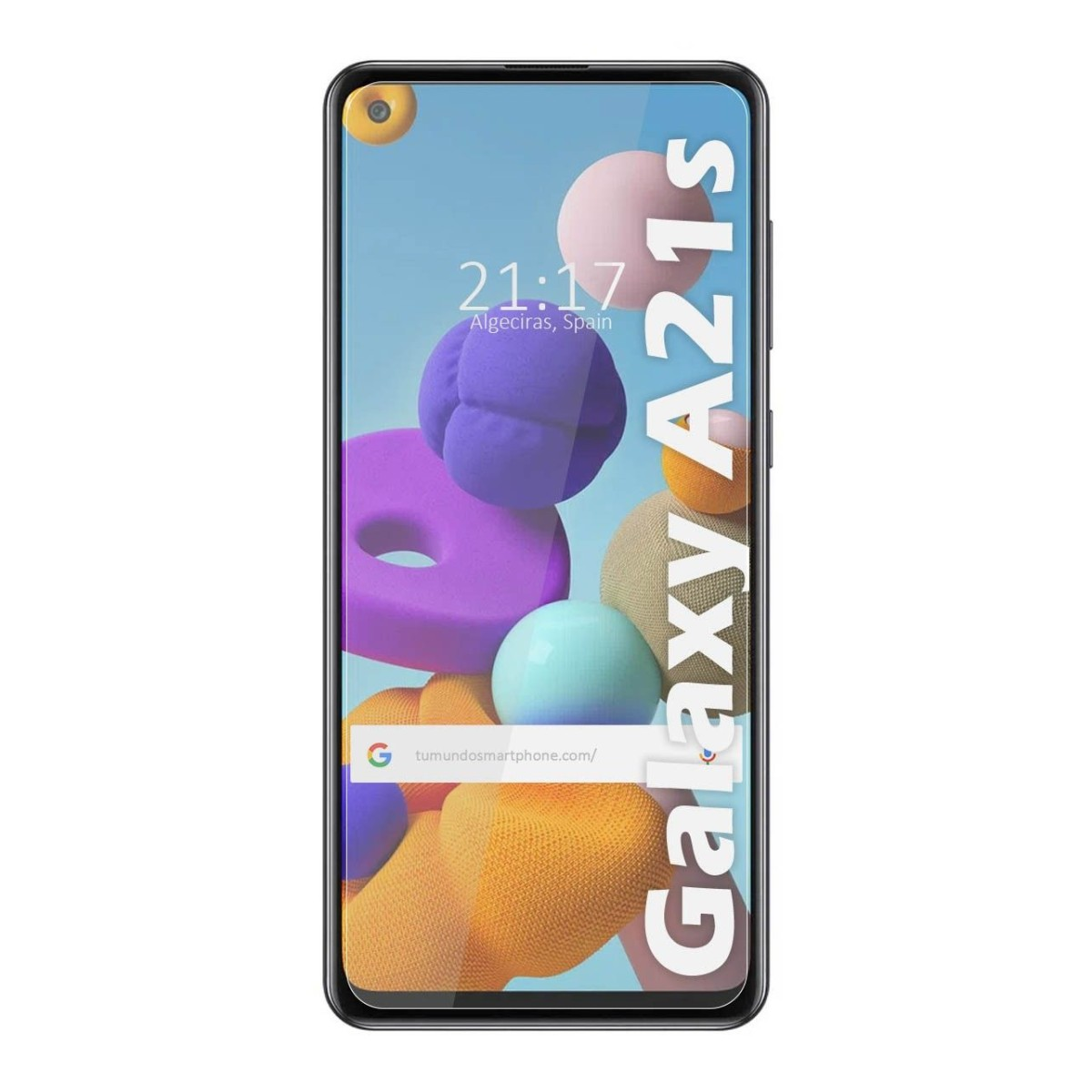 Telefono Galaxy A21s su sfondo bianco. Mostra 21:17, sfondo astratto viola, arancione e turchese.