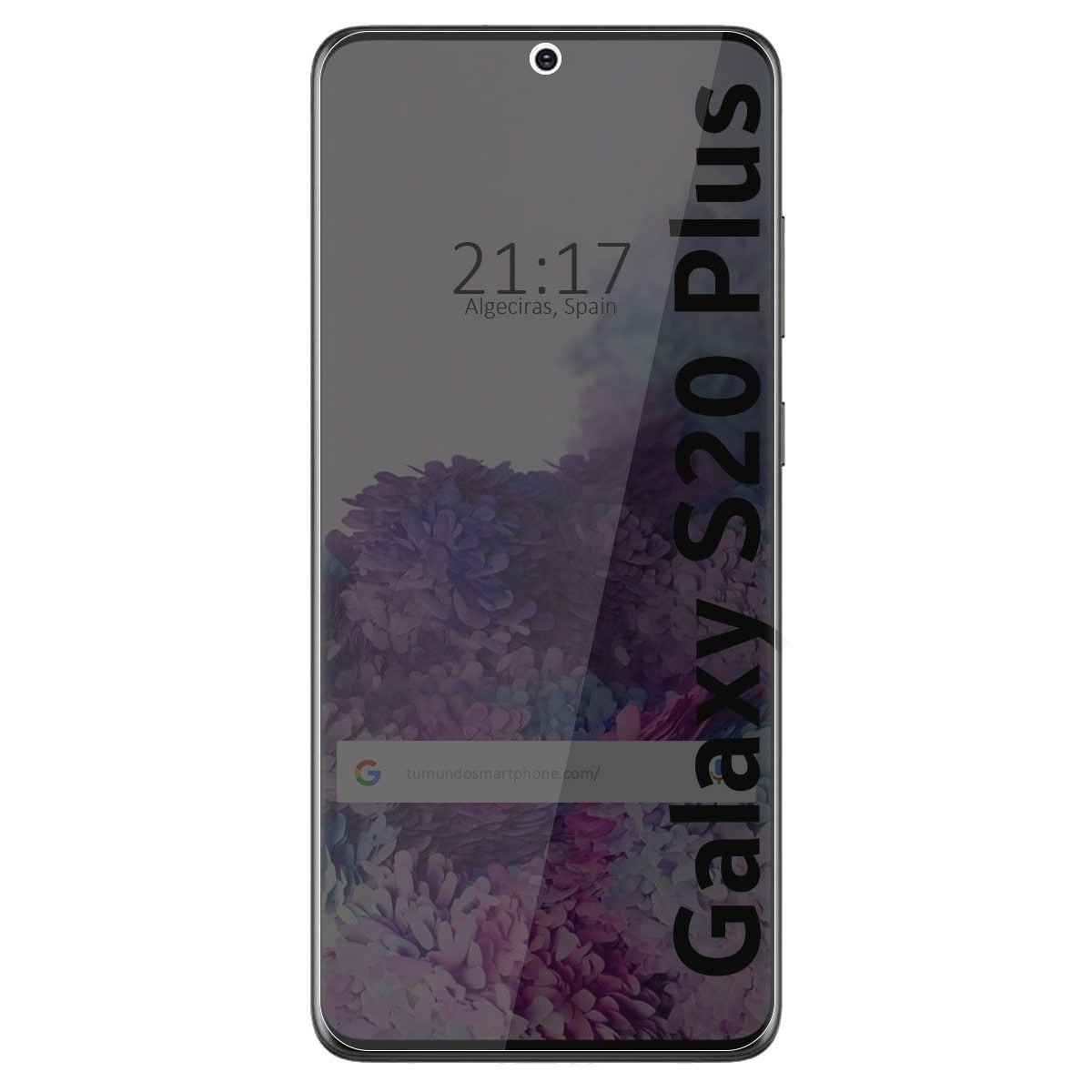 Uno schermo di smartphone Galaxy S20 Plus mostra l'ora, Algeciras, Spagna, e una barra di ricerca.