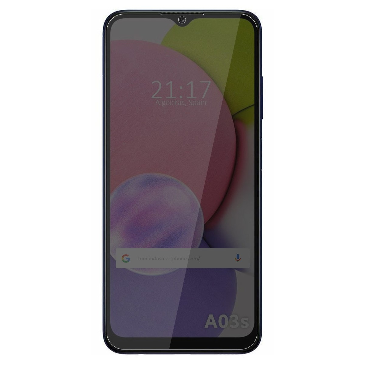 Smartphone A03S con protezione schermo. Mostra ora, luogo e barra di ricerca.