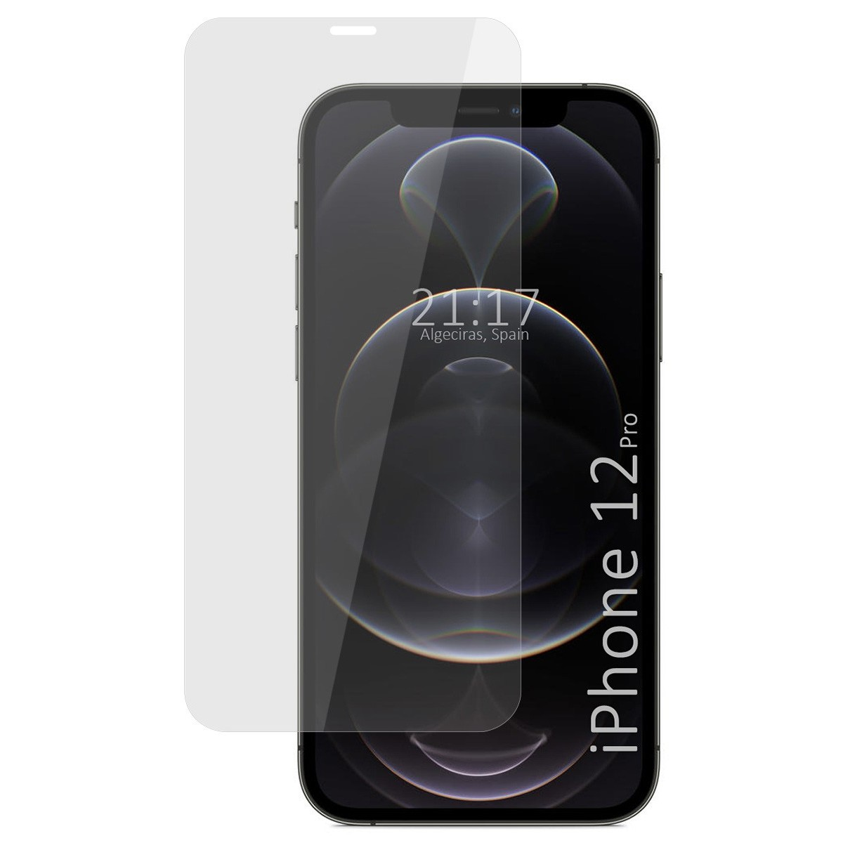 iPhone 12 Pro con protezione schermo applicata. Schermo mostra ora, posizione. Protezione schermo trasparente.