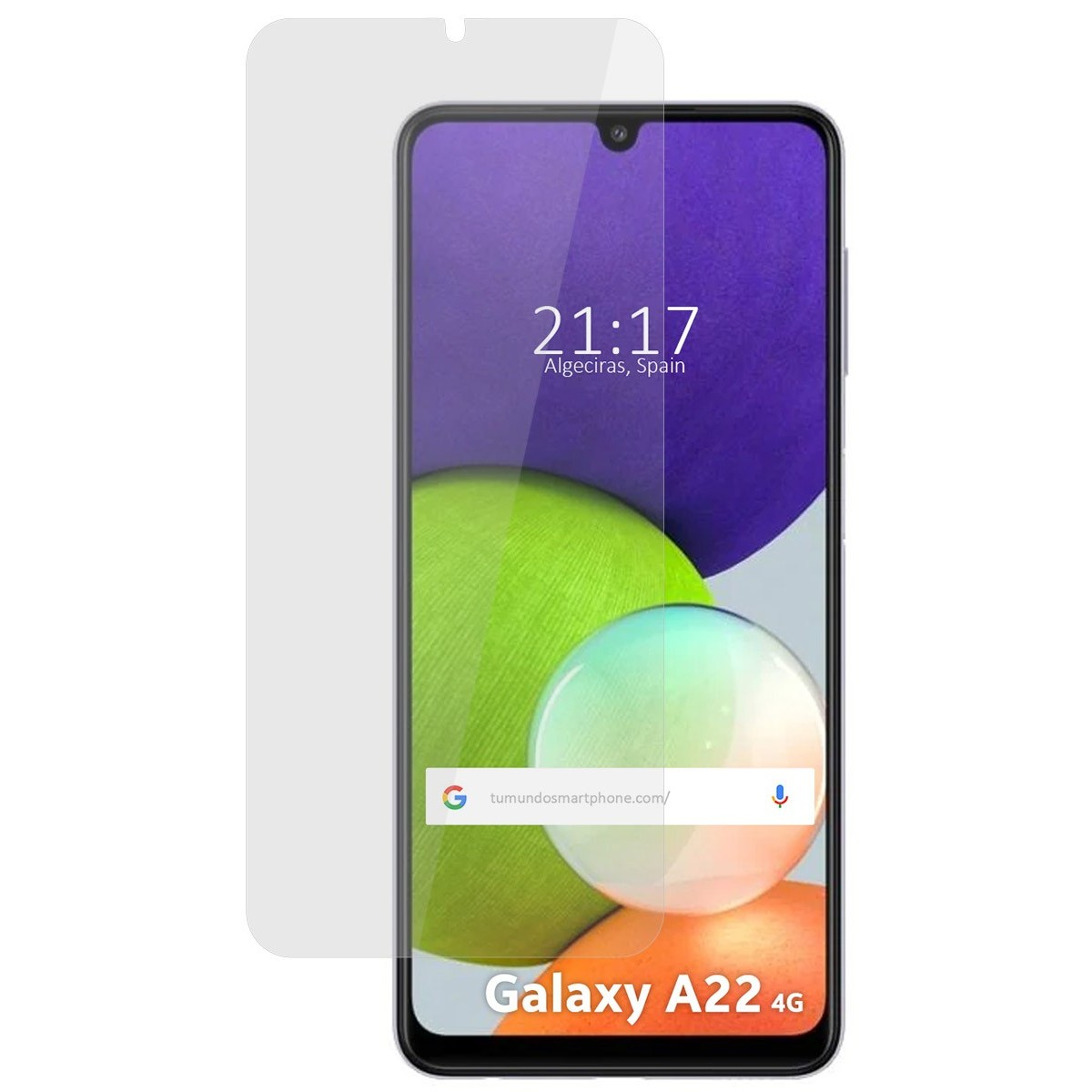 Smartphone con protezione, mostra l'ora, Algeciras, Spagna, e 'Galaxy A22 4G'.