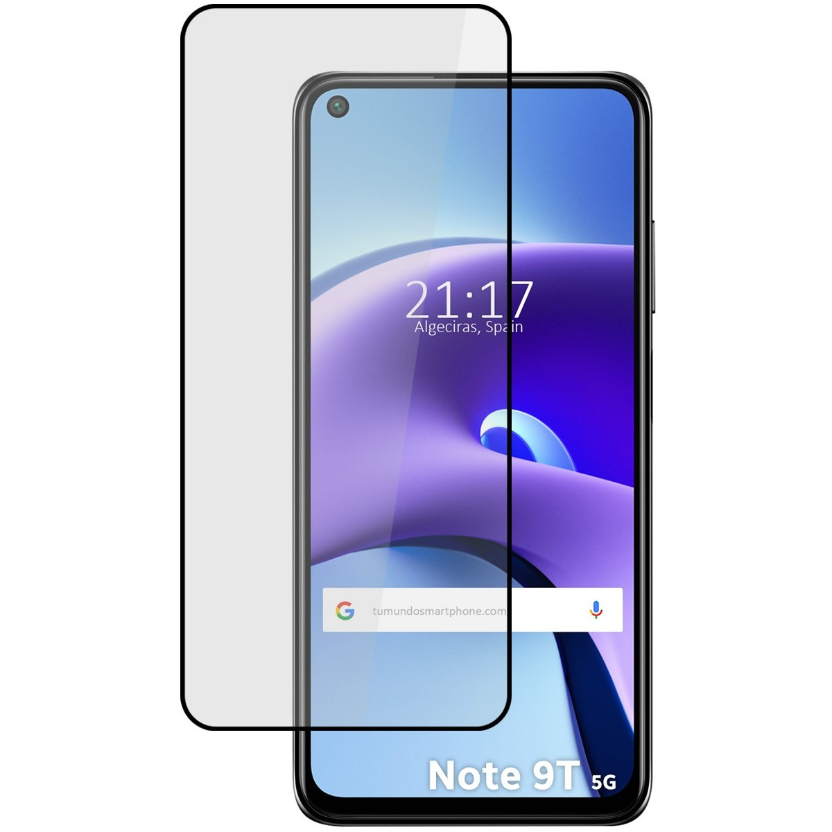 Smartphone con protezione schermo. Mostra ora e logo Note 9T 5G.