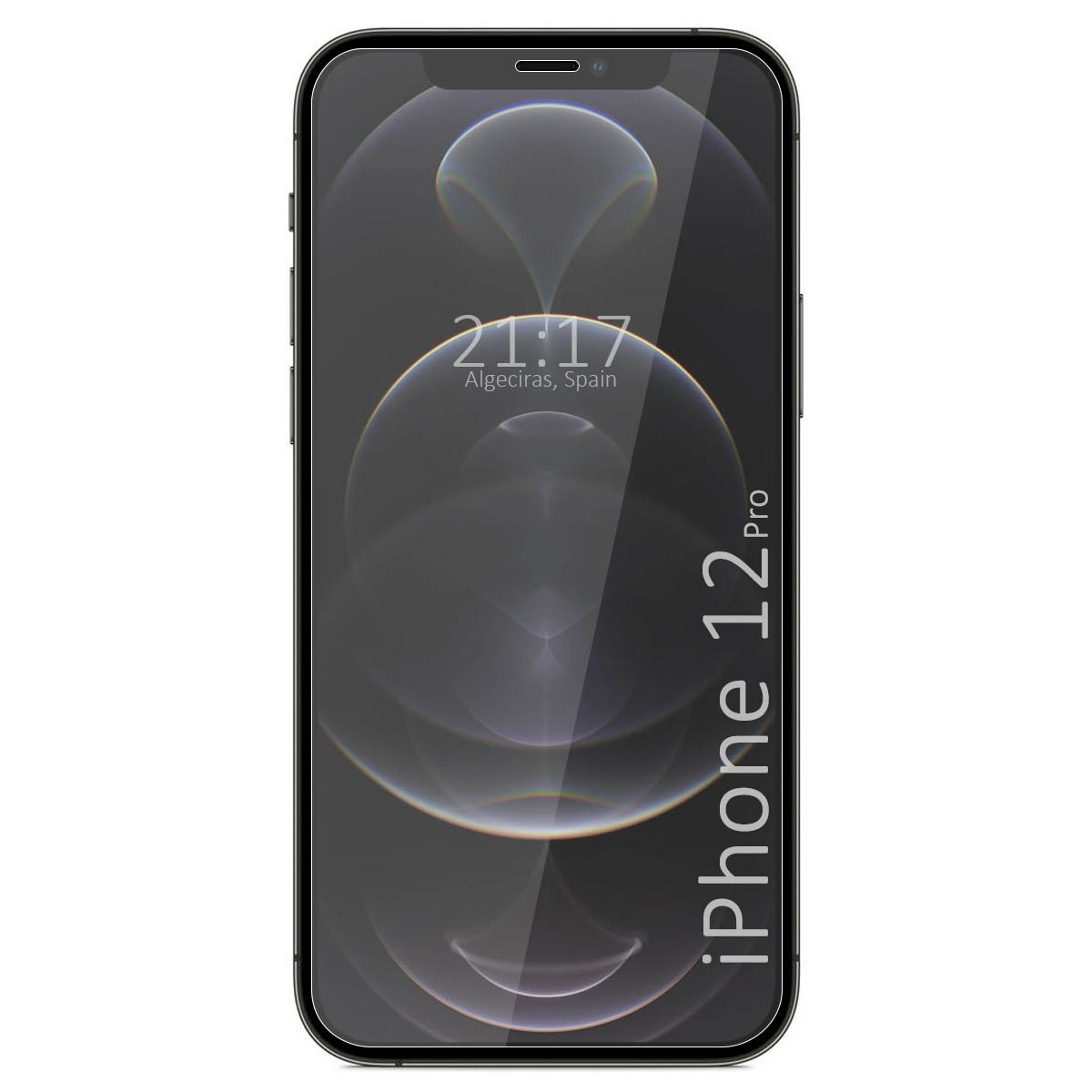 Smartphone nero con display che mostra ora, posizione e barra di ricerca Google. iPhone 12 Pro è stampato in basso.