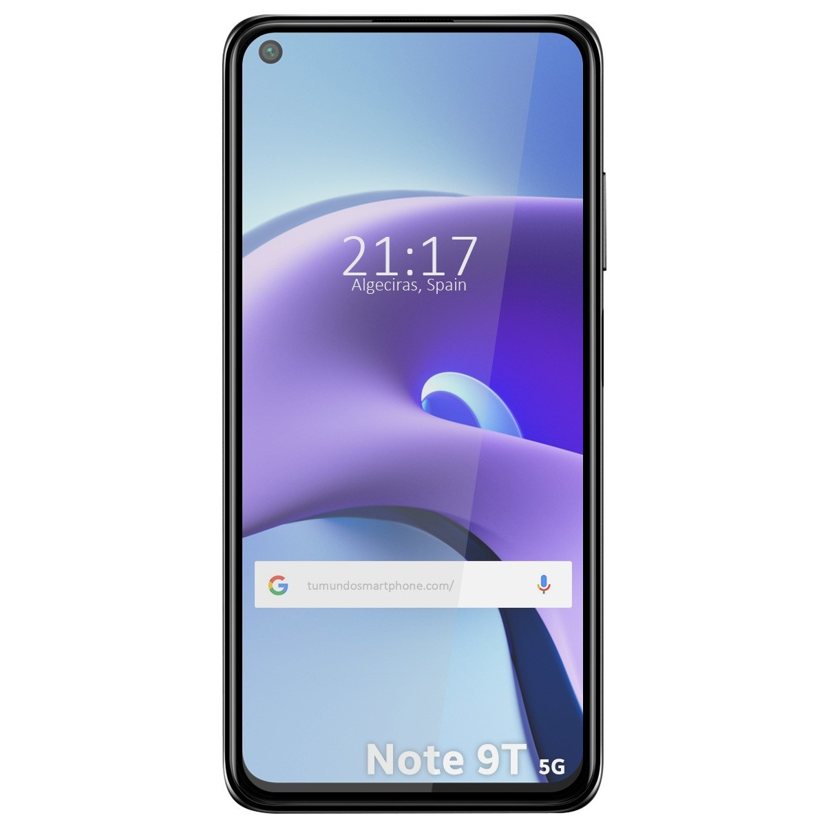 Schermo del telefono con visualizzazione dell'ora e testo 'Note 9T 5G'.