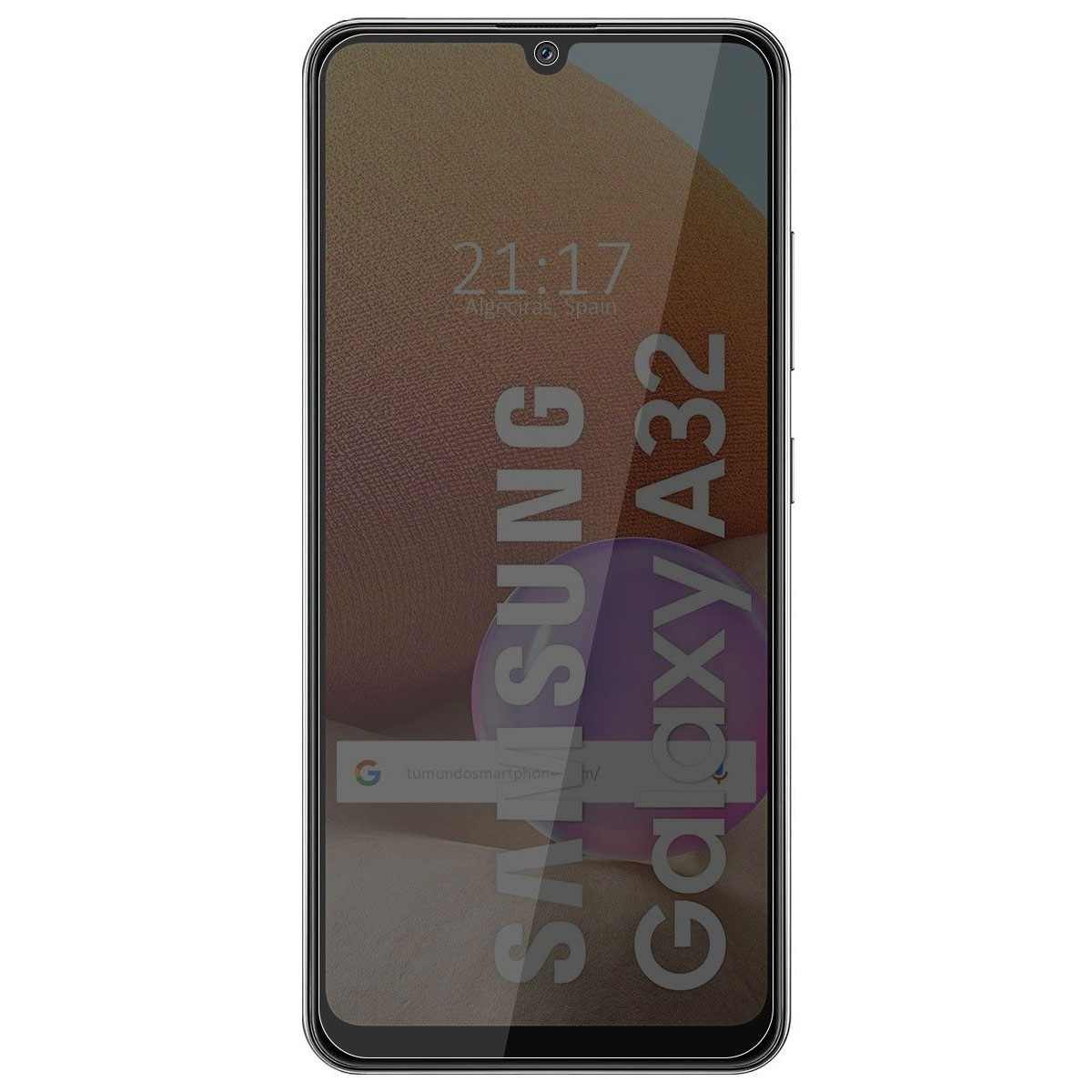 Uno schermo di smartphone che mostra uno sfondo con l'ora. Il telefono ha una protezione per lo schermo.