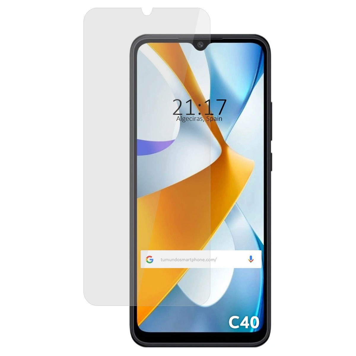 Smartphone con protezione schermo. Mostra ora, posizione e uno sfondo astratto colorato arancione e giallo.