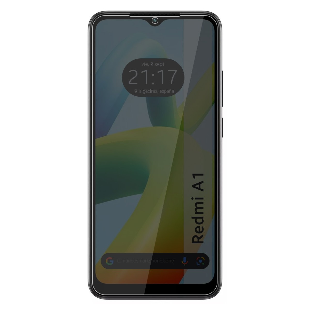 Uno smartphone nero con protezione schermo, che mostra uno sfondo sfocato e l'ora.