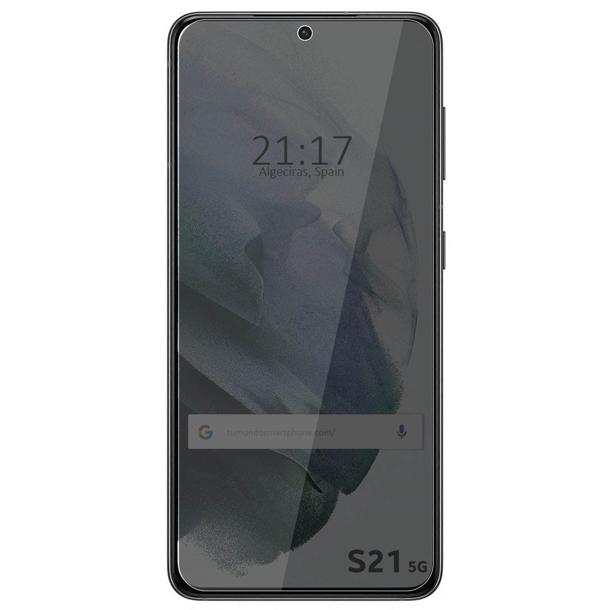 Smartphone nero, schermo con ora e città, con protezione. S21 5G è scritto in basso.