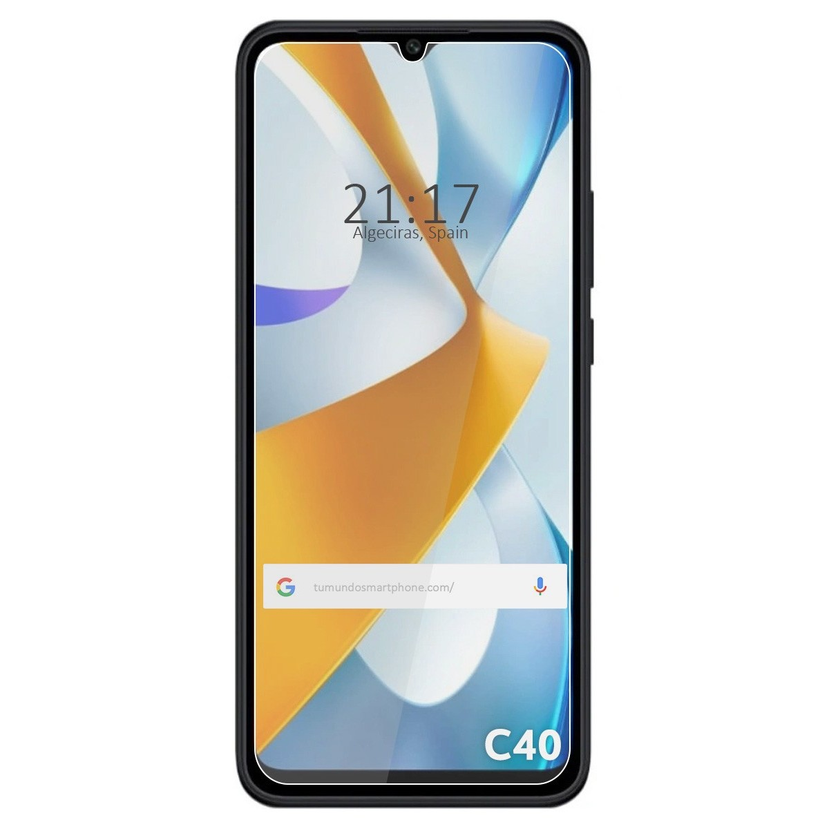 Smartphone che mostra ora, posizione e barra di ricerca Google. È un modello C40.