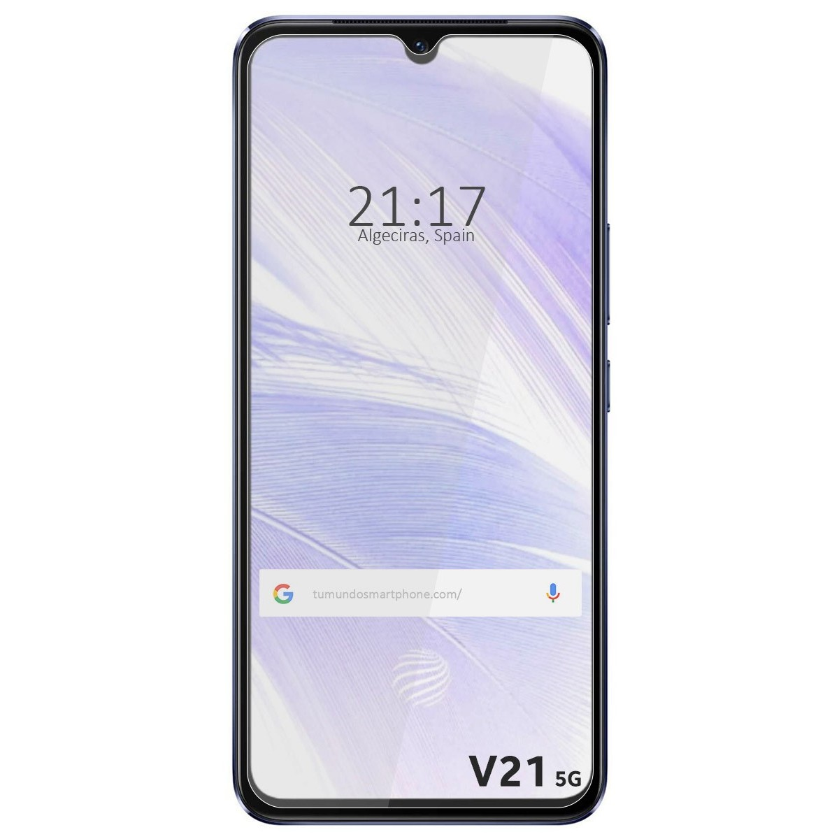 Smartphone negro que muestra la hora y la barra de búsqueda de Google. El teléfono es un V21 5G.