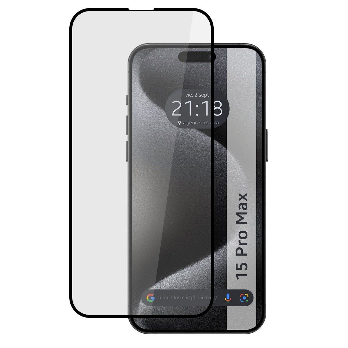 Pantalla del teléfono con hora, ubicación y texto 15 Pro Max. Un protector de pantalla está en el teléfono.