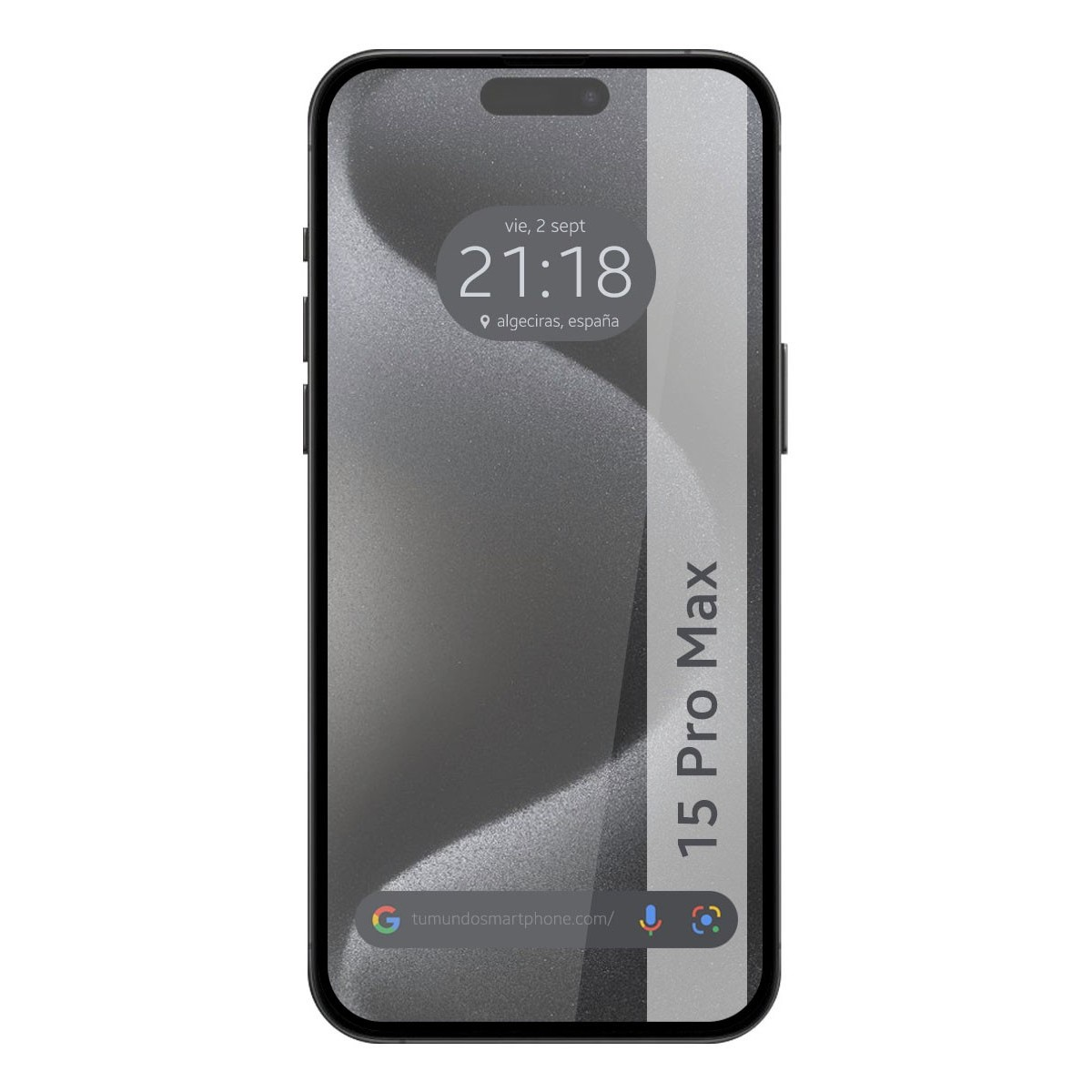 Smartphone con hora, barra de búsqueda y texto '15 Pro Max'.