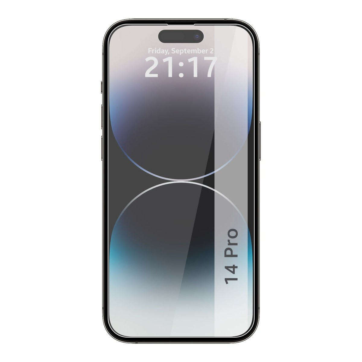 iPhone 14 Pro nero, schermo acceso, ora visualizzata, protezione schermo. Sfondo bianco.