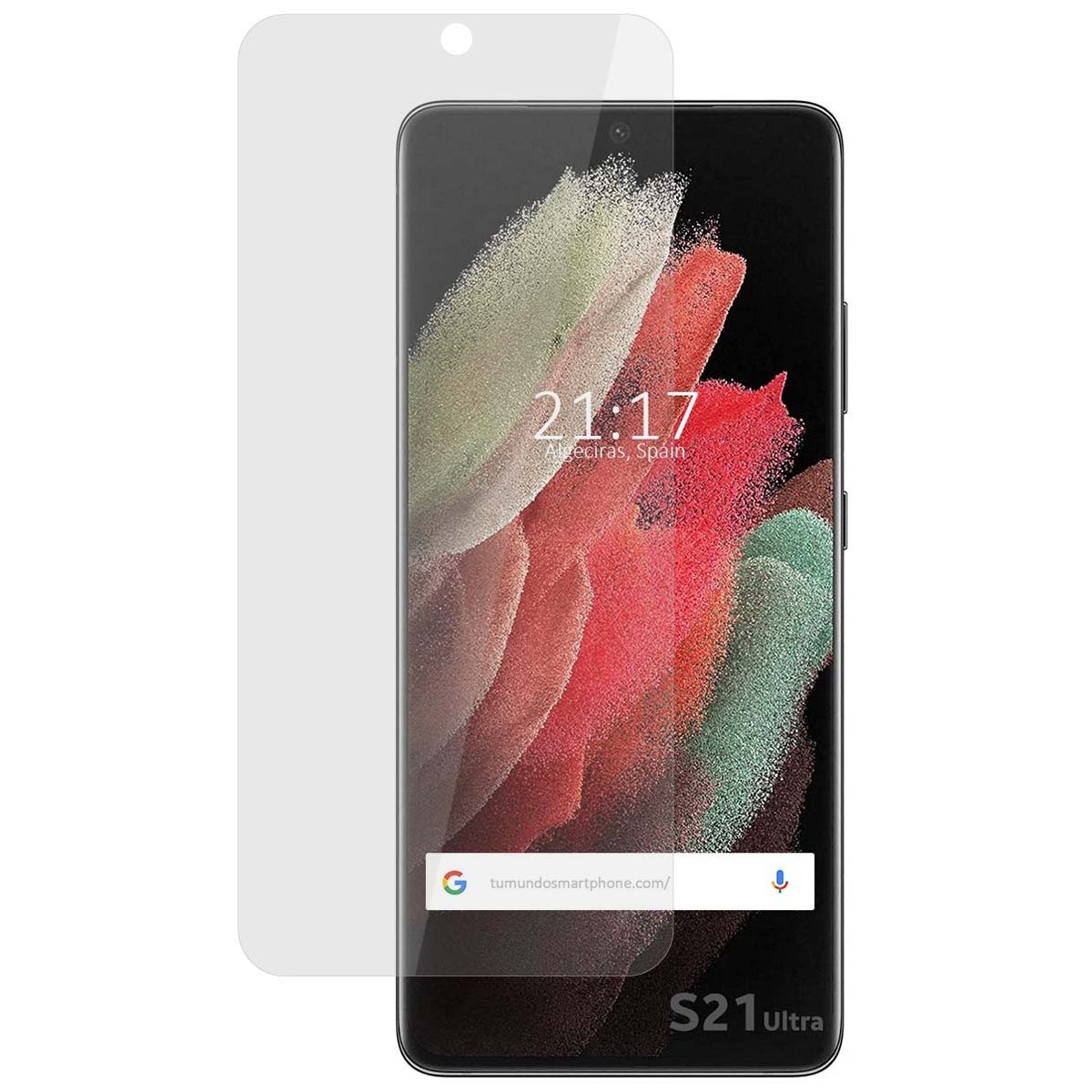 Smartphone S21 Ultra con protezione schermo. Mostra l'ora e la barra di ricerca.