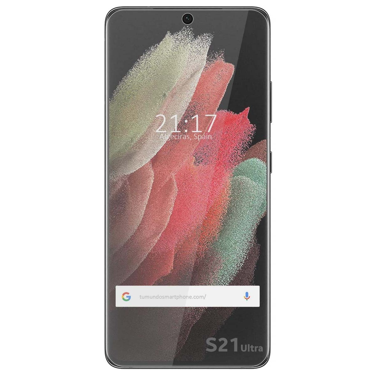 Smartphone che mostra sfondo astratto colorato, ora e data e il modello S21 Ultra.