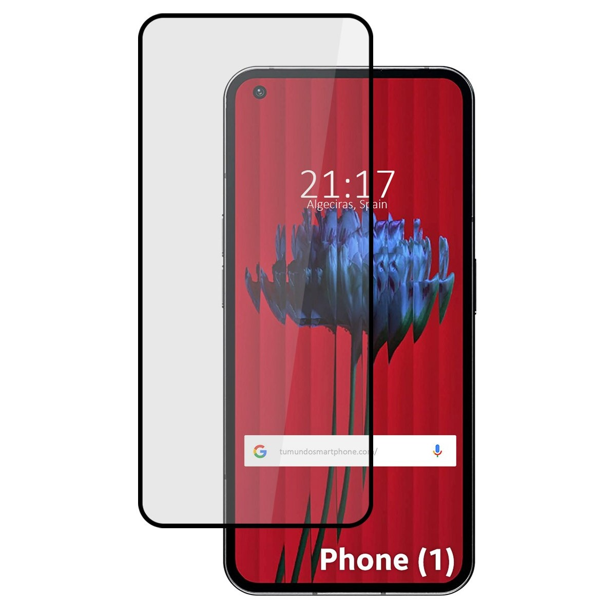Phone (1) con protezione schermo. Ora: 21:17 Algeciras, Spagna. Barra di ricerca Google.