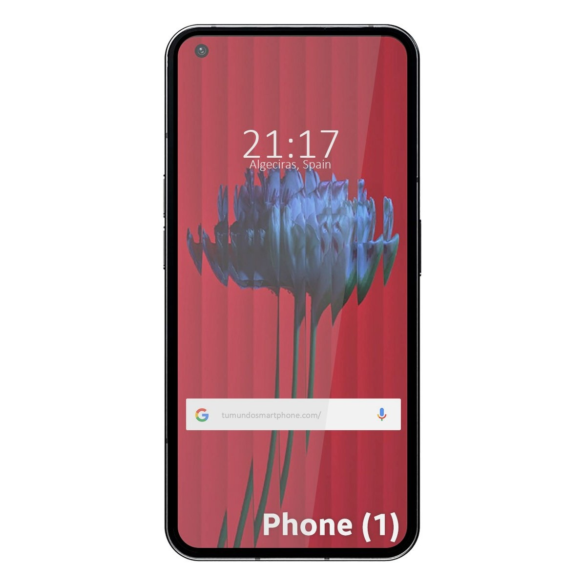 Un telefono mostra l'ora e la data su uno sfondo rosso con un design floreale e il testo Phone (1).