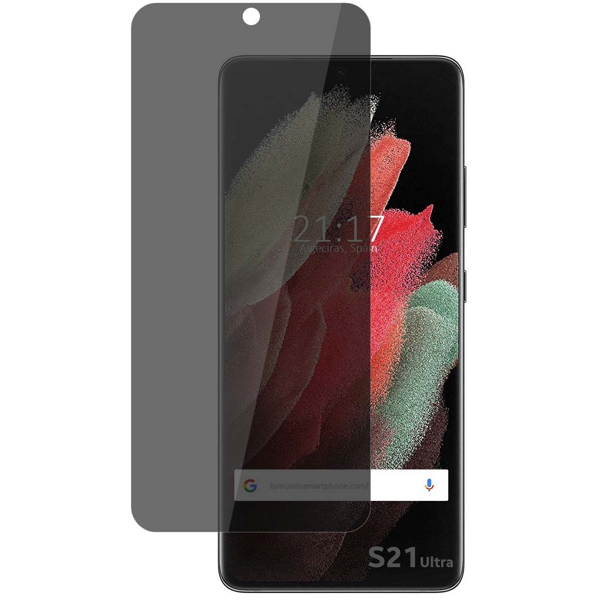 Smartphone con protezione schermo, ora e barra di ricerca Google.