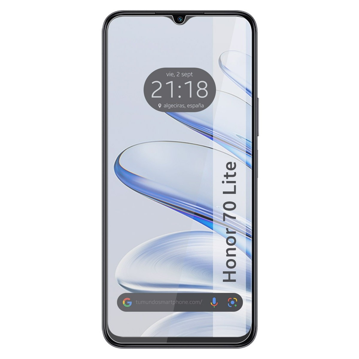 Smartphone Honor 70 Lite. Lo schermo mostra ora e data. Il telefono è nero.