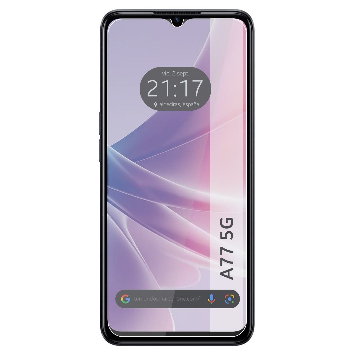 Uno smartphone con protezione schermo mostra ora e data. Il telefono è un modello A77 5G nero.