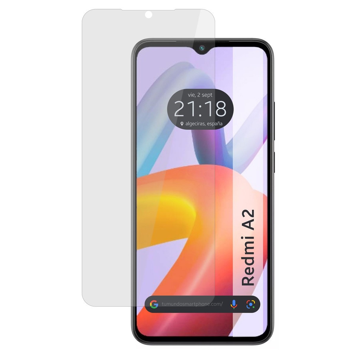 Smartphone con protezione schermo. Lo schermo mostra 21:18, un sito web e l'etichetta Redmi A2.