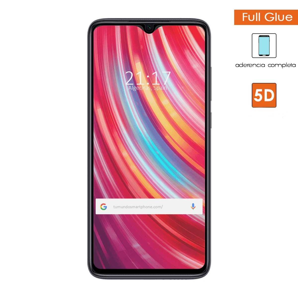 Smartphone che mostra ora, posizione e barra di ricerca Google. Il testo indica Full Glue e funzioni 5D.