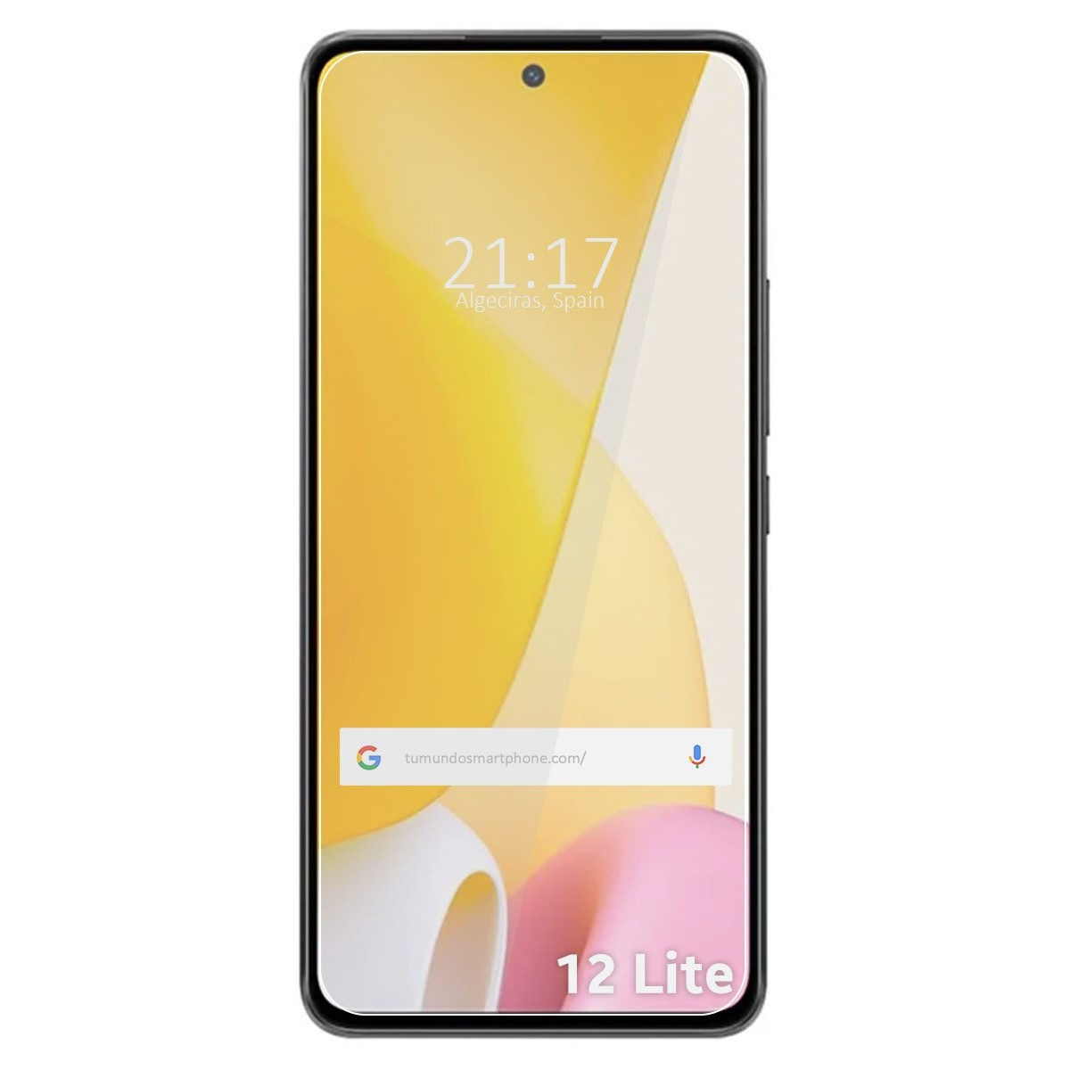 Lo schermo dello smartphone mostra l'ora, la data e un sito web. Il telefono ha il testo "12 Lite".